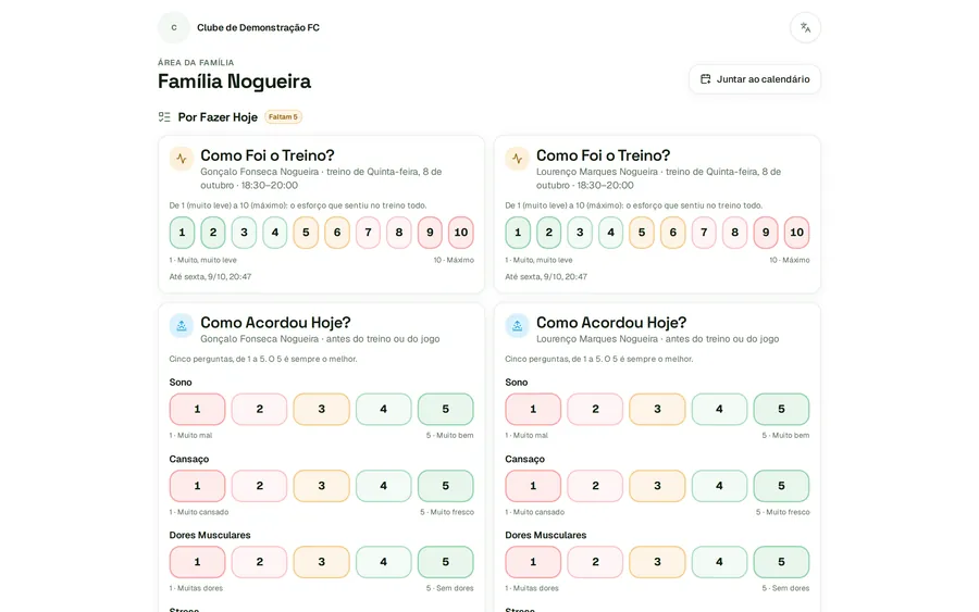 A área da família, com o "Como Foi o Treino?" de cada atleta
