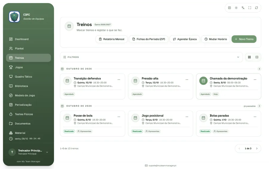 A lista de treinos da semana na aplicação, num portátil